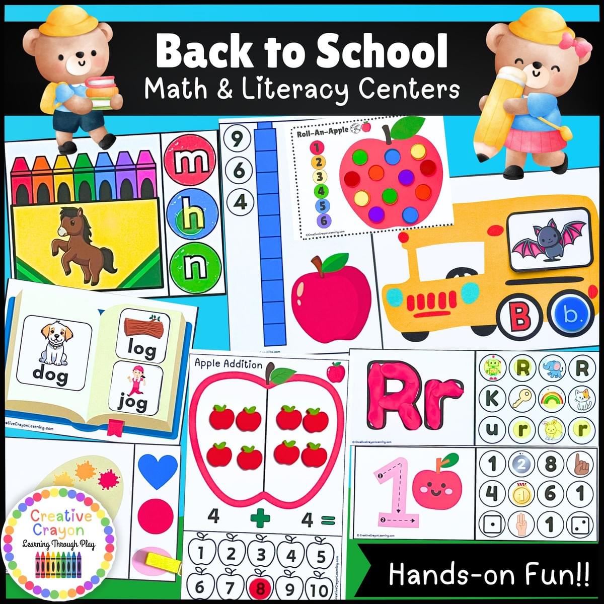  Printable back-to-school math and literacy centers for kindergarten with hands-on activities for early learning.