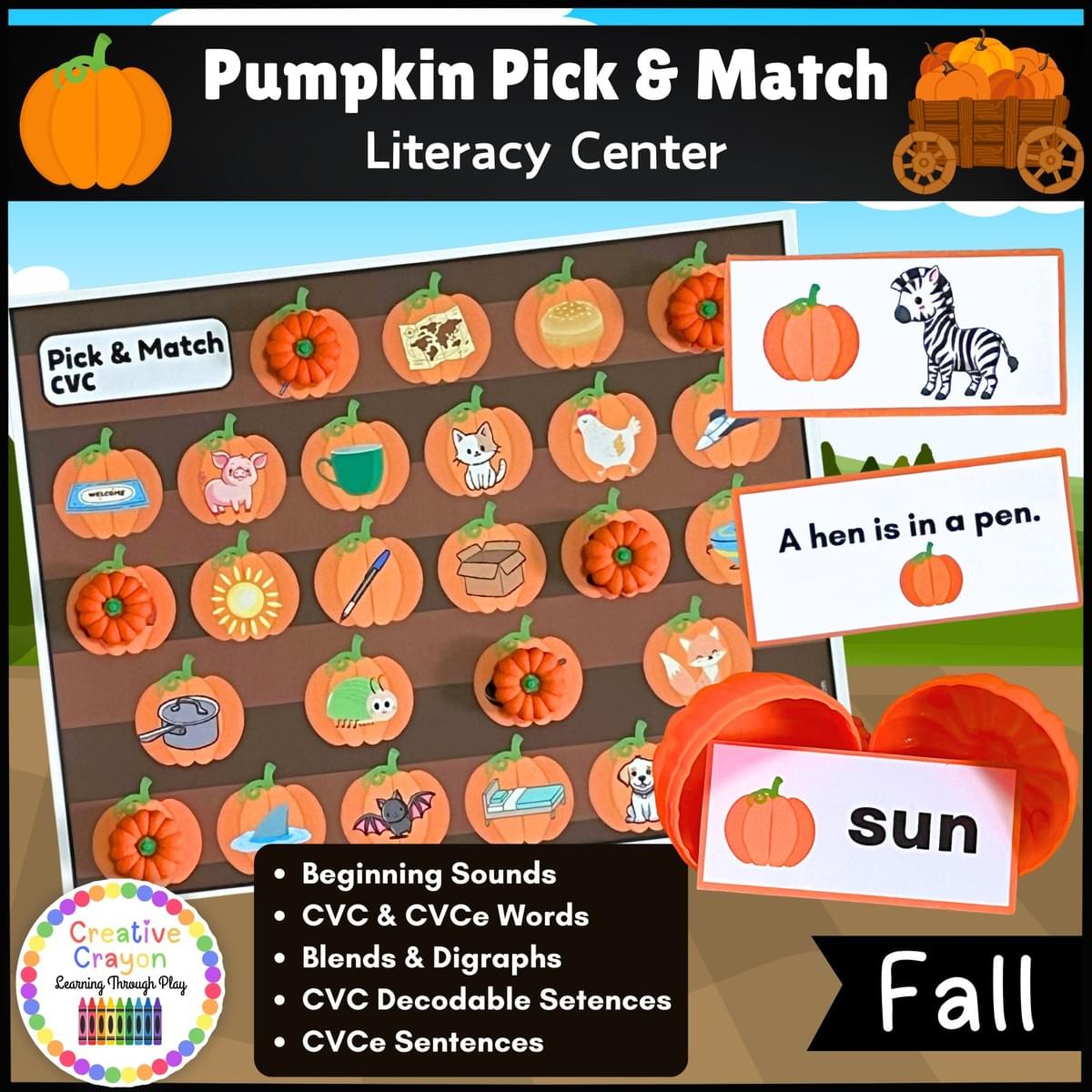 Pumpkin Pick & Match printable fall literacy center for PreK, Kindergarten, and 1st grade with hands-on CVC words, alphabet, and sentence matching activities.