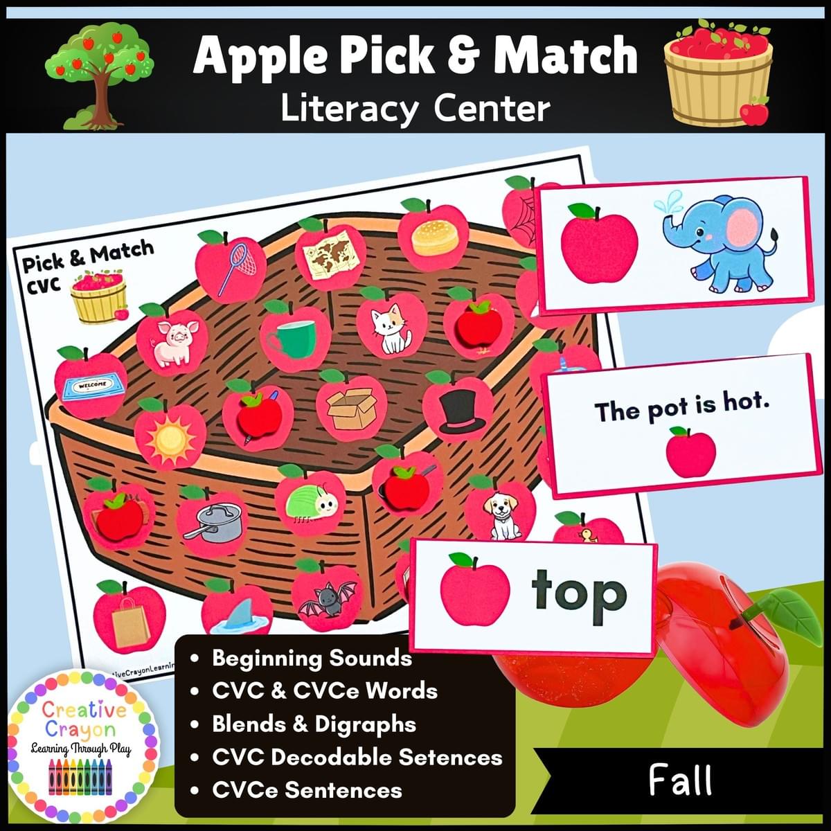 Apple Pick and Match literacy center for PreK, Kindergarten, and 1st grade with plastic apples, alphabet strips, CVC word mats, and phonics sentence matching activities for hands-on fall learning.