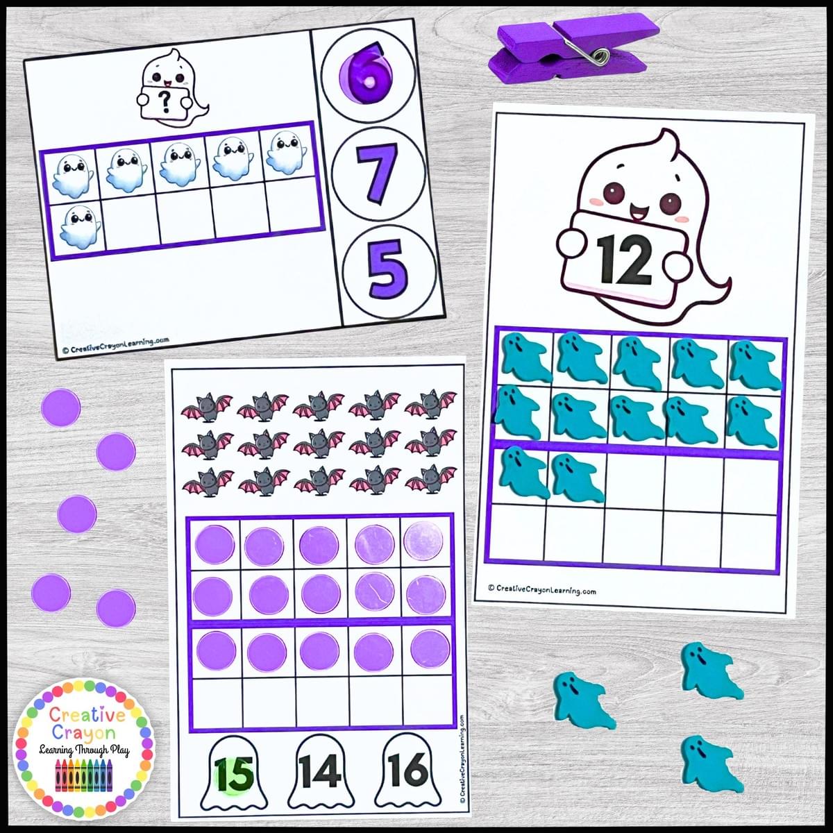 Halloween ten frame counting math center for kindergarten with ghost-themed number cards and counting to 20 practice.