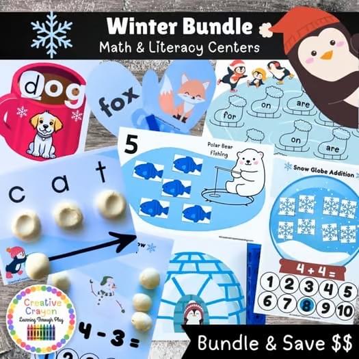 Winter Math and Literacy Centers Bundle for kindergarten and first grade featuring 12 fun snow-themed activities.