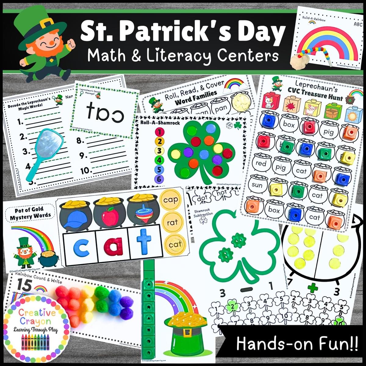 Hands-on St. Patrick's Day math and literacy centers for kindergarten including CVC word games, rainbow counting, addition, subtraction, measuring, and more.
