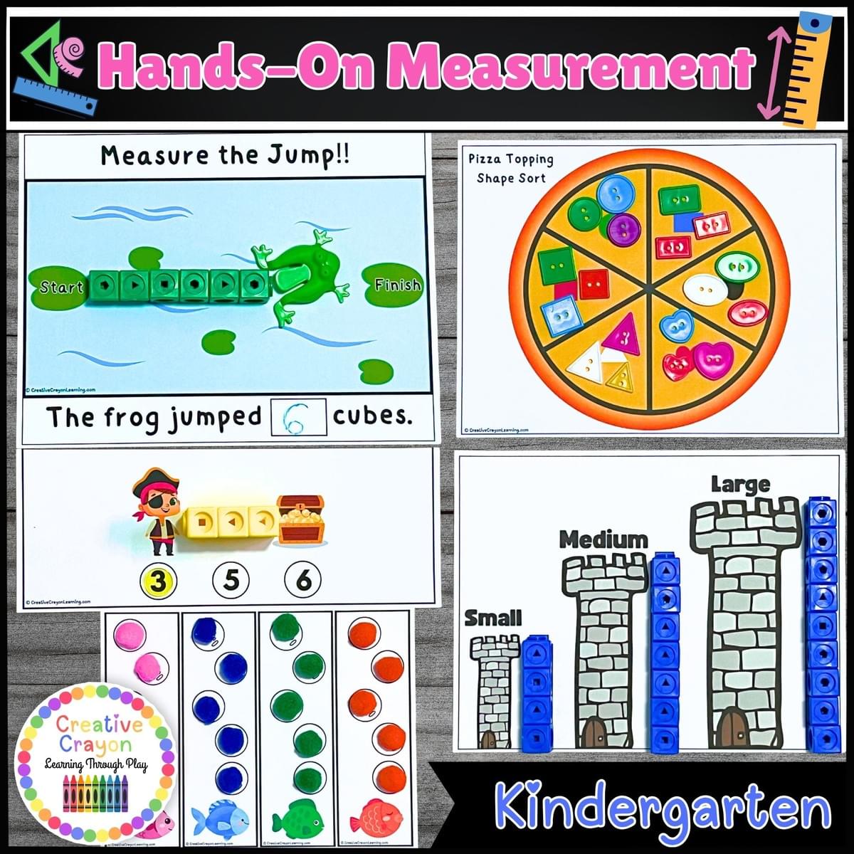 Kindergarten measurement centers bundle cover – fun, hands-on activities for exploring length, size, weight, and graphing in kindergarten.