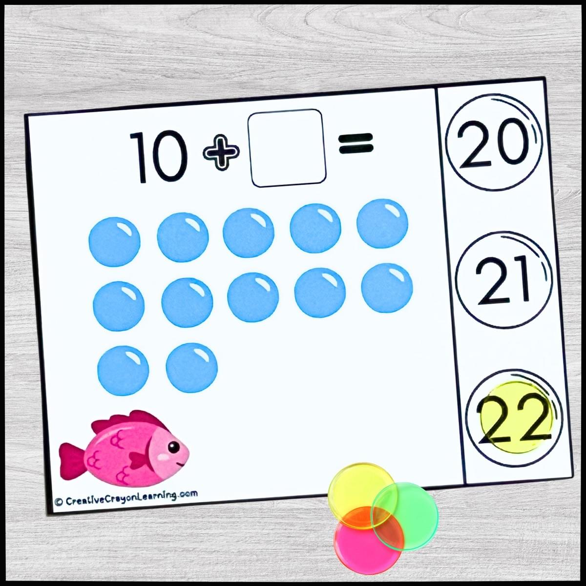 Ocean bubbles math center for kindergarten practicing counting on addition from ten.