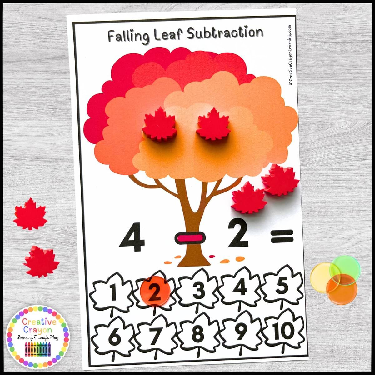 Fall subtraction math center for kindergarten with tree mats, leaf chips, and subtraction within 10