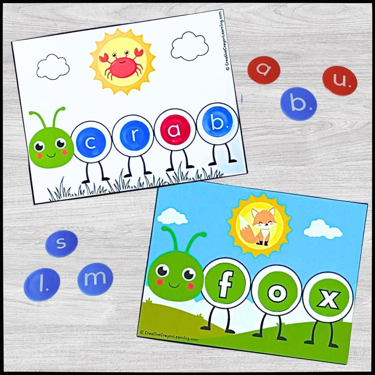 Spelling Caterpillar literacy activity with letter segments to form CVC and CCVC words
