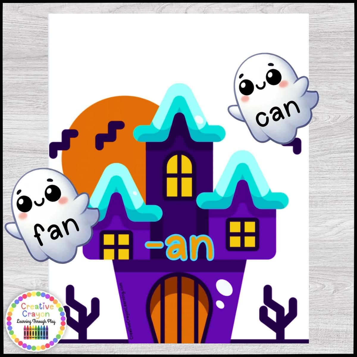  Spooky word family sorting literacy center for kindergarten with haunted house mats and CVC ghost word cards.