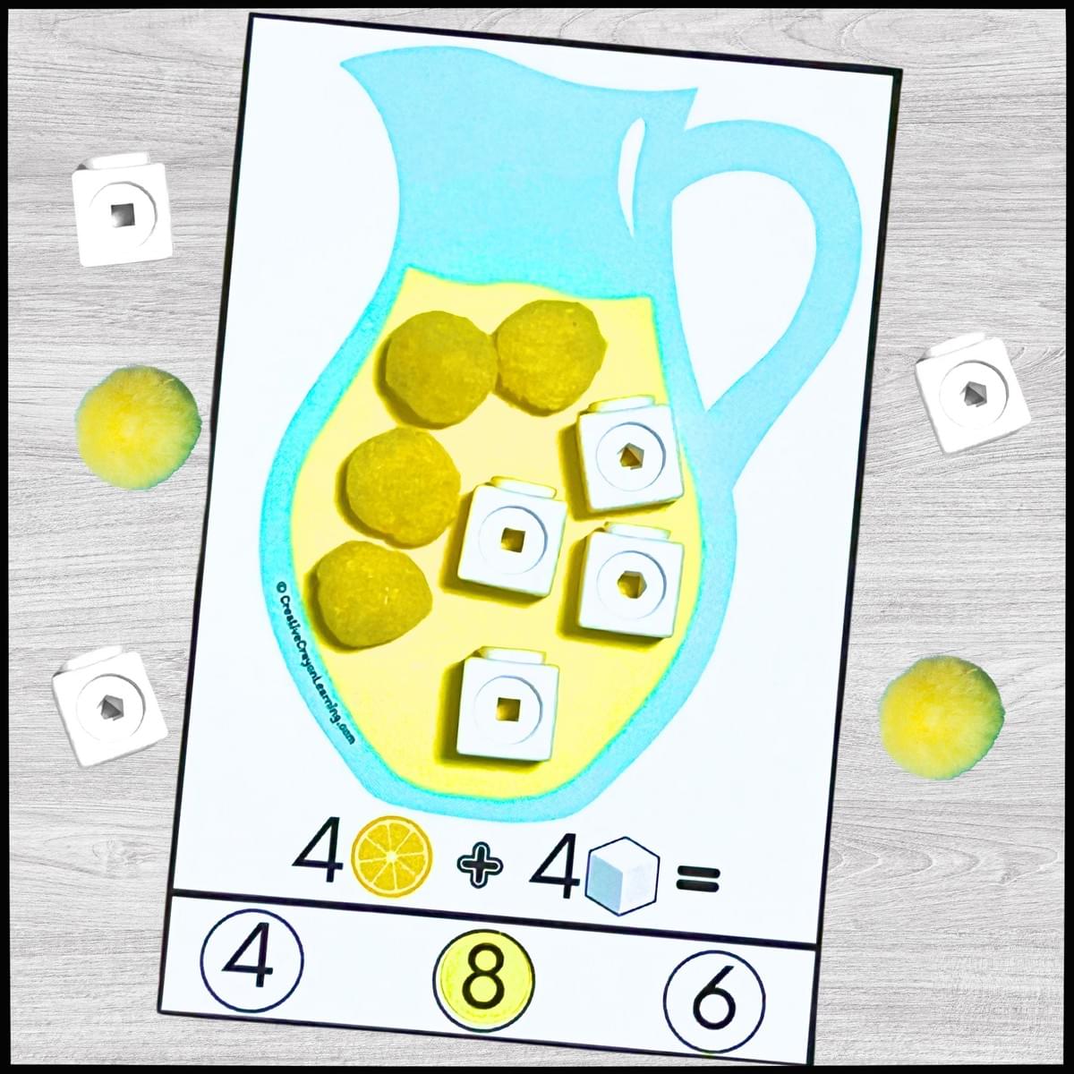  Lemonade-themed hands-on addition activity for kindergarten using counting visuals.