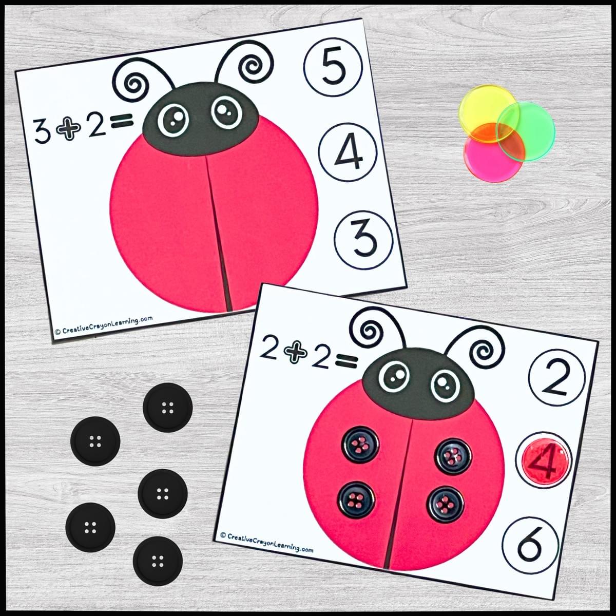 Ladybug-themed spring math activity for practicing addition with visual supports