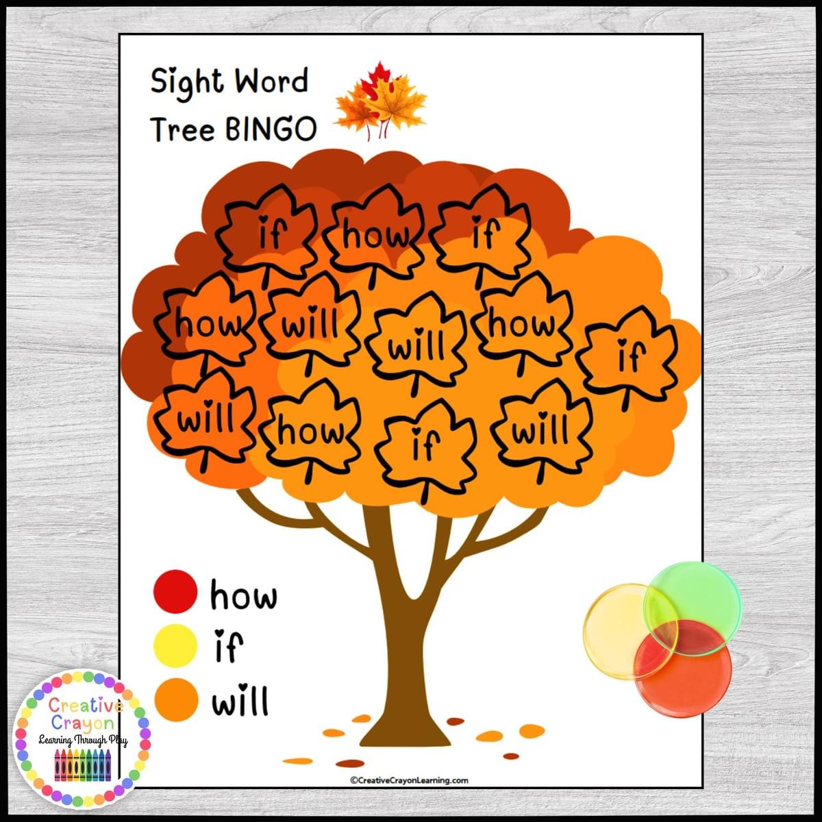  Fall sight word literacy center for kindergarten with Fry word tree bingo cards and color-coded bingo chips