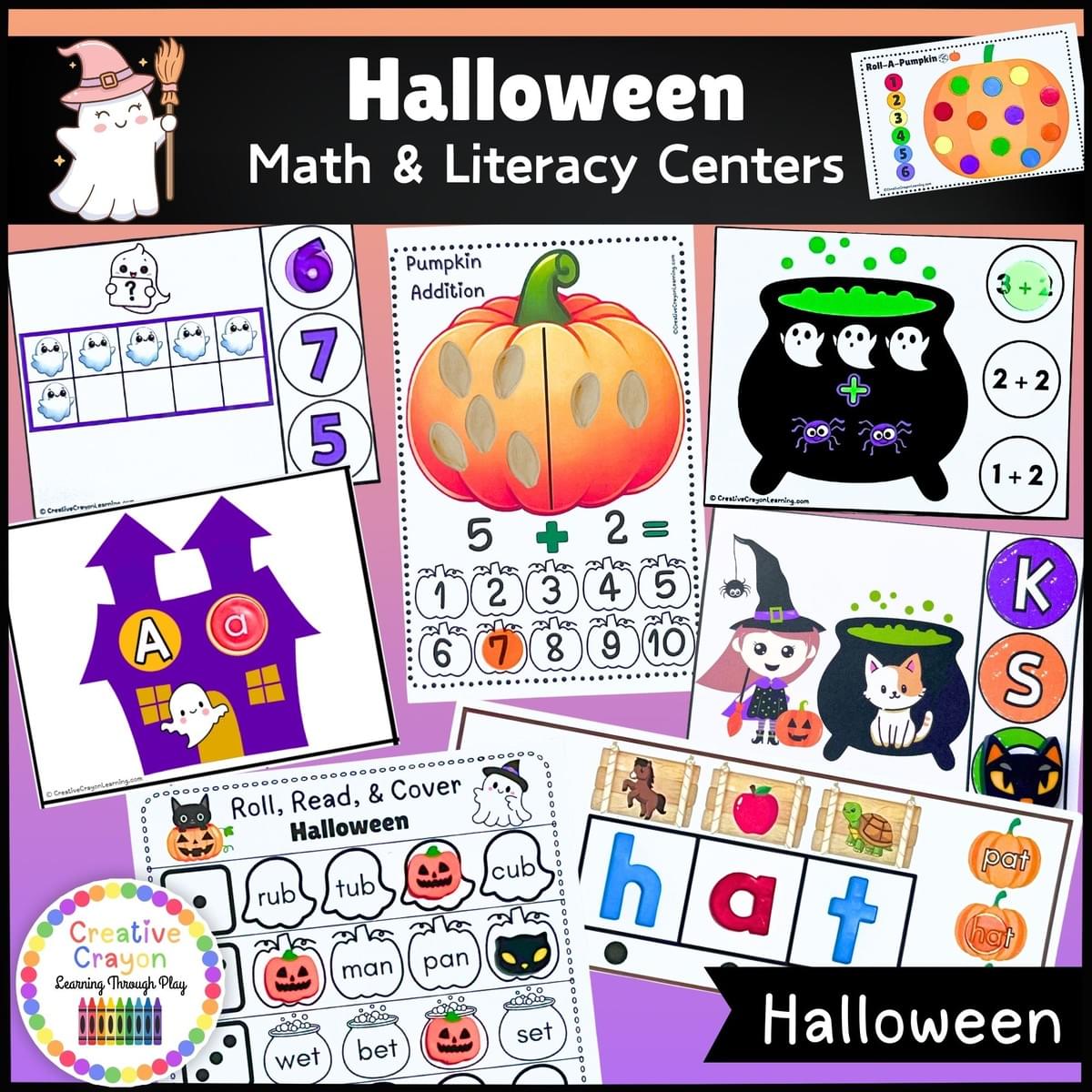 Halloween math and literacy center bundle for kindergarten featuring 15 hands-on fall-themed activities.