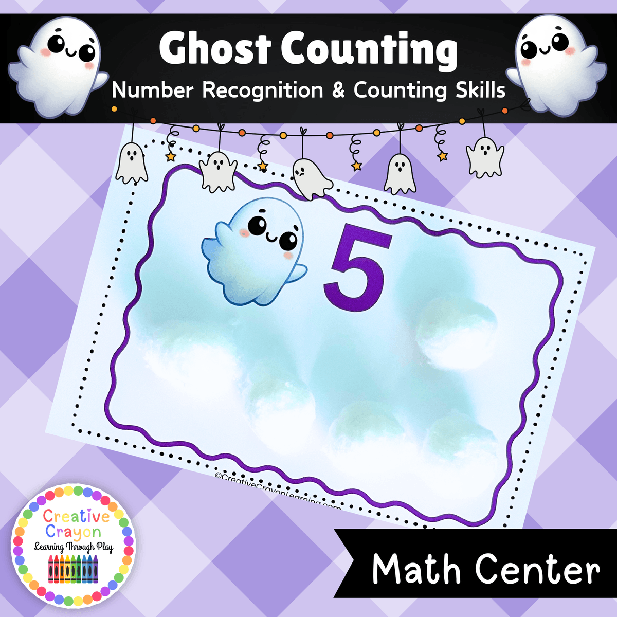  Free Halloween ghost counting math center for kindergarten with number cards and cotton ball counting activity.