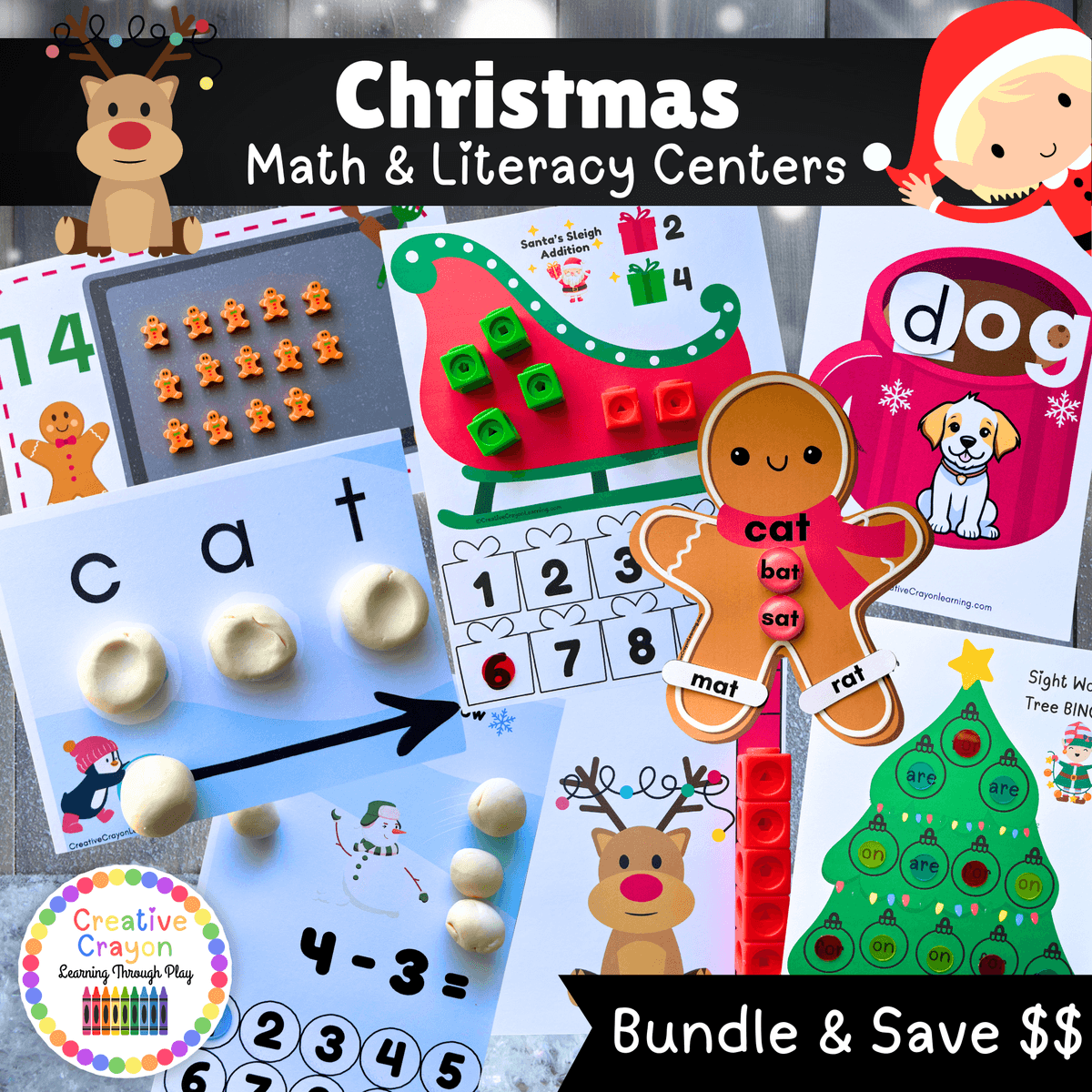 Christmas Math and Literacy Centers Bundle for Kindergarten with 13 hands-on holiday activities