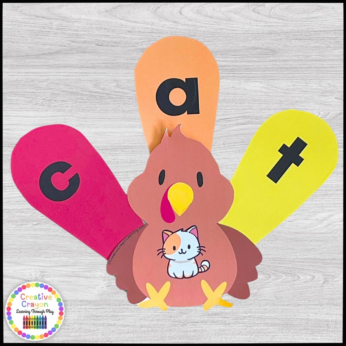 Spelling turkeys fall literacy center for kindergarten with velcro feather letter cards and CVC word picture prompts.