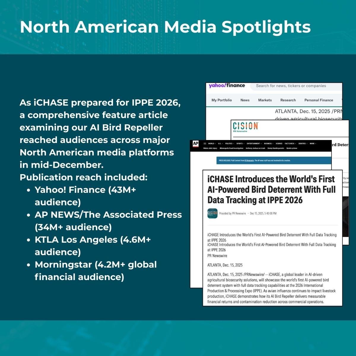 North American major news outlets coverage including KTLA Los Angeles and Associated Press highlighting iCHASE AI agricultural technology.