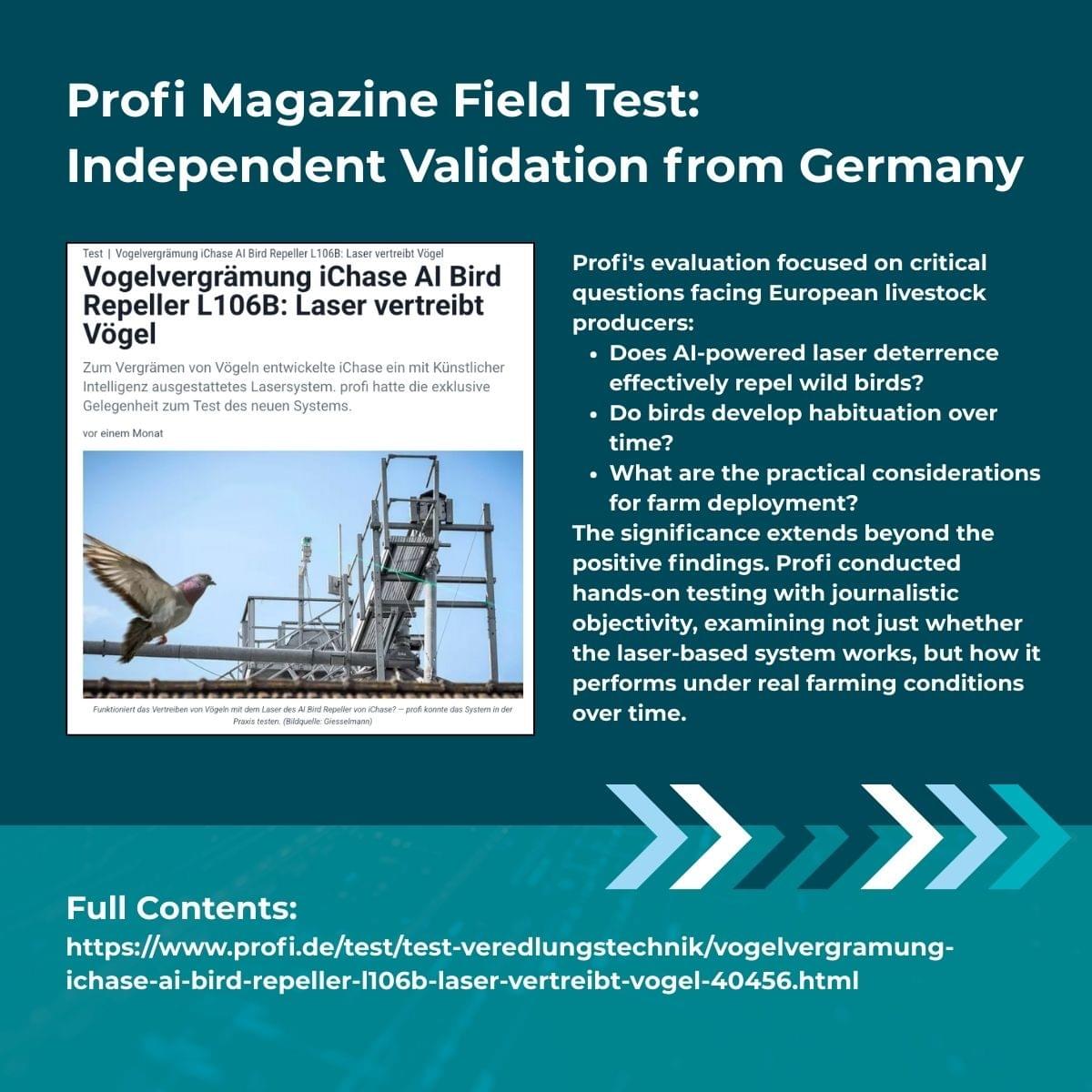 Germany's Profi Magazine field test report on iCHASE AI Bird Repeller L106B validating deterrence effectiveness and zero habituation.