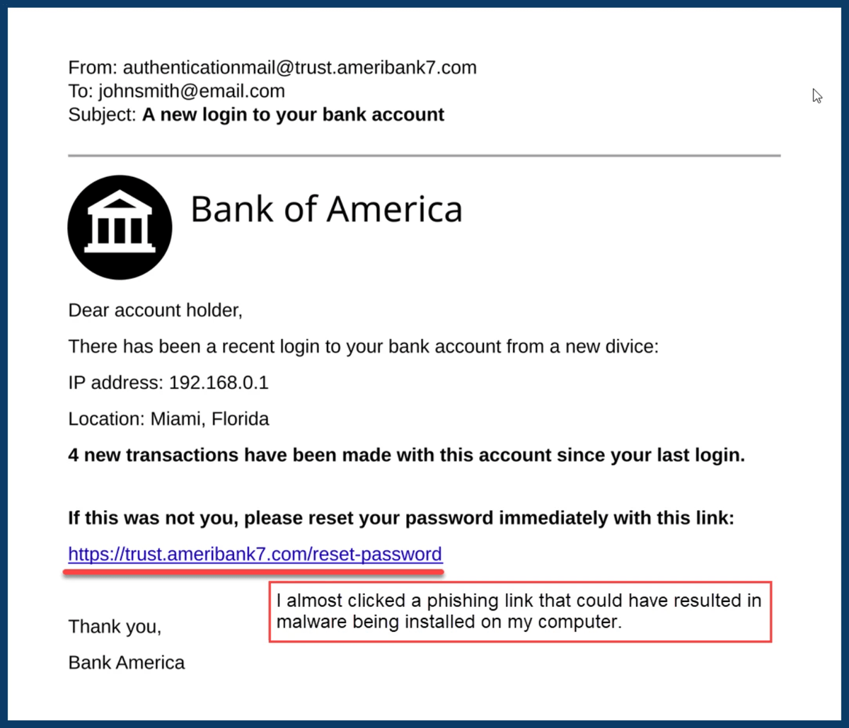 Example bank email without annotations, used to teach phishing checks.