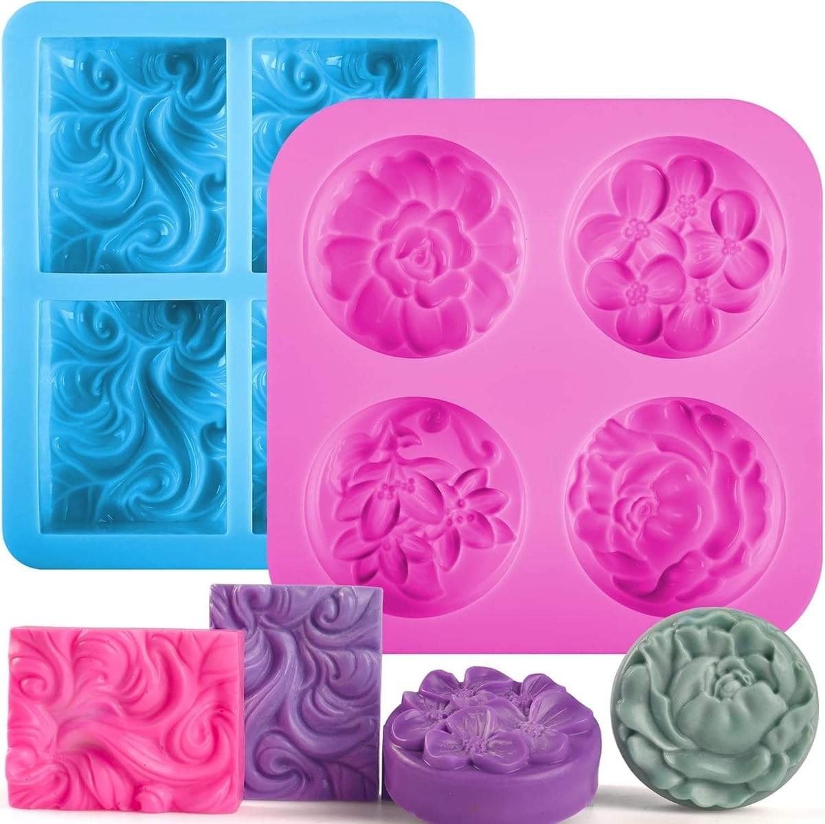 2 Pieces Set Silicone Soap Mold, 4 Cavity Rectangular Wave and Round Flower Silicone Mold, 