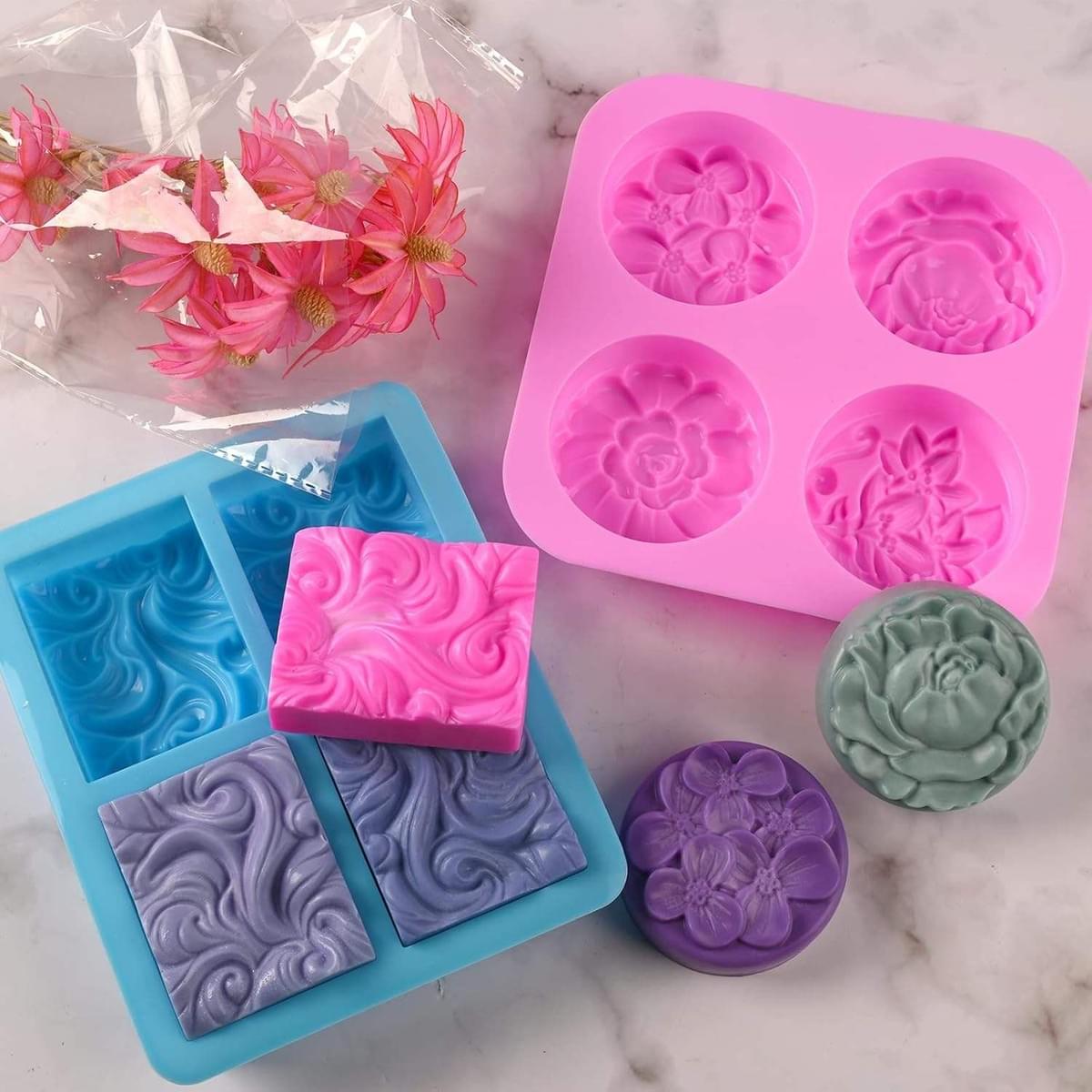 2 Pieces Set Silicone Soap Mold, 4 Cavity Rectangular Wave and Round Flower Silicone Mold, 
