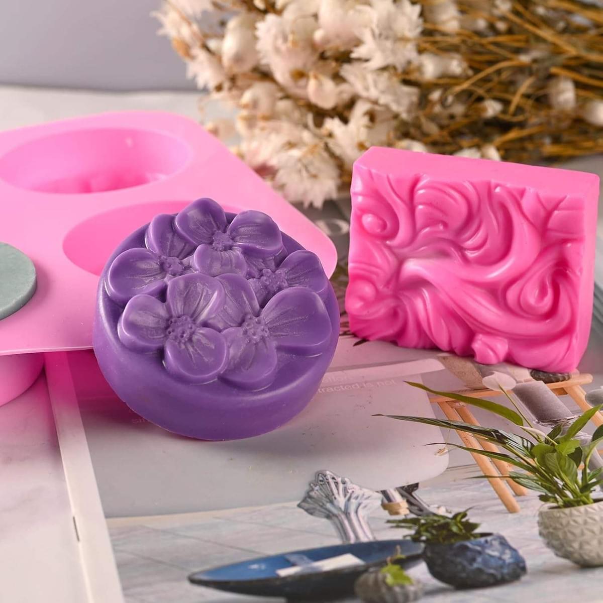 2 Pieces Set Silicone Soap Mold, 4 Cavity Rectangular Wave and Round Flower Silicone Mold, 