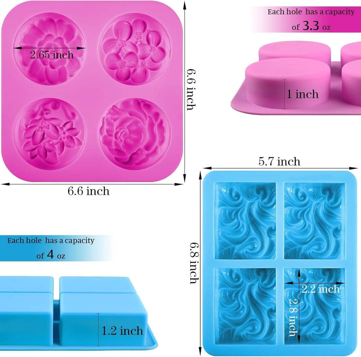2 Pieces Set Silicone Soap Mold, 4 Cavity Rectangular Wave and Round Flower Silicone Mold, 