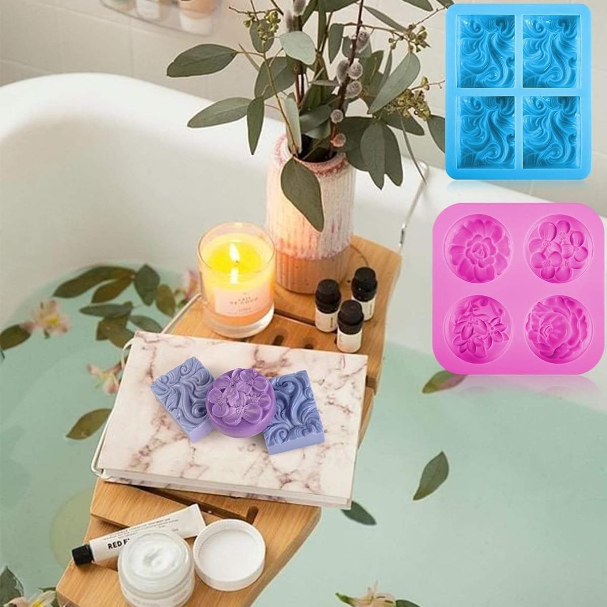 2 Pieces Set Silicone Soap Mold, 4 Cavity Rectangular Wave and Round Flower Silicone Mold, 
