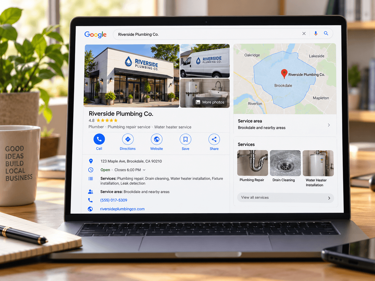 Illustration of a sample Google Business Profile with services, photos and contact details