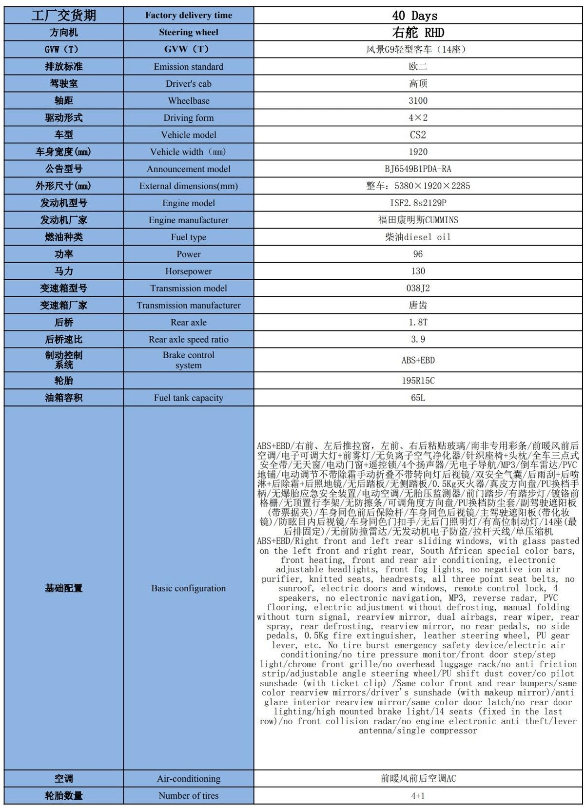 Futian Landscape G9 High Roof Model with 14 Seats
