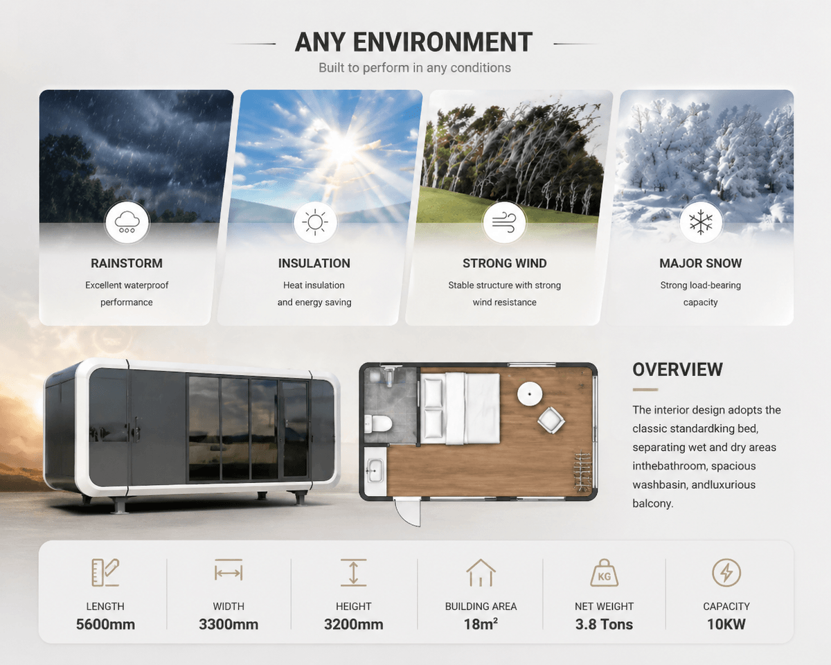 Astra Vista on an elevated wooden deck in a misty mountain forest at sunset, featuring panoramic glass panels and modern outdoor lounge area.