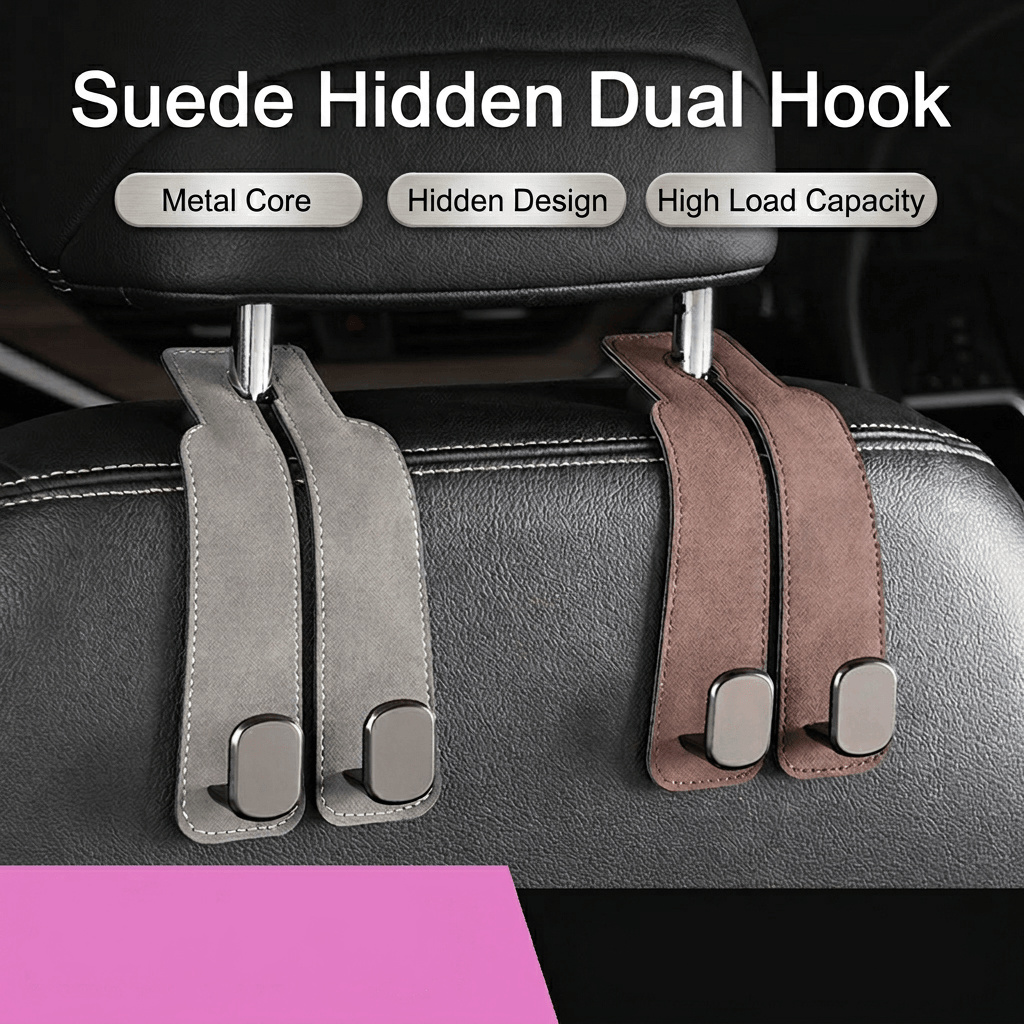 Universal Suede Car Hidden Dual Hook & Phone Holder — 2-in-1 Interior Storage