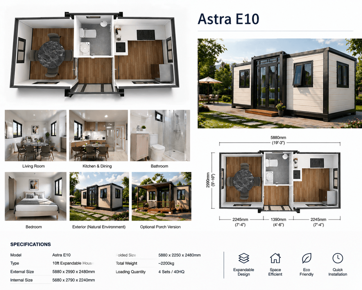 Modern modular container house presentation showing a 20ft expandable unit with interior photos, a top-down 3D layout, bathroom detail, exterior view, and a technical floor plan; layout includes a living room, dining area, kitchen, bathroom, and two bedrooms within a compact rectangular structure.