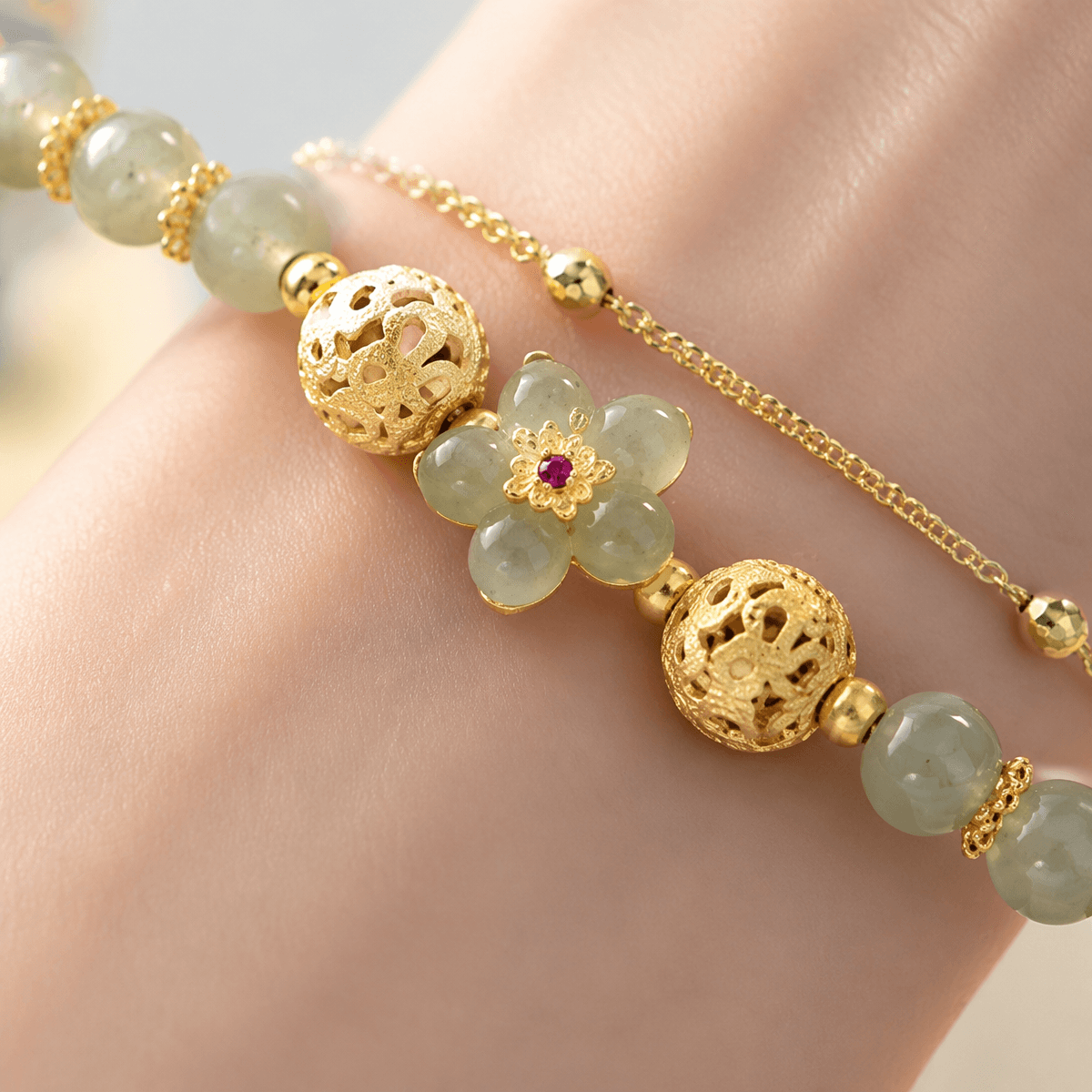 Jade Flower Double-Layer Bracelet — Dawn Light Collection