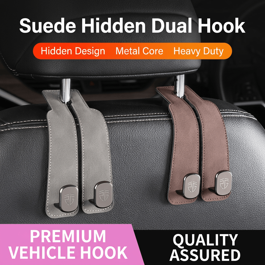 Universal Suede Car Hidden Dual Hook & Phone Holder — 2-in-1 Interior Storage