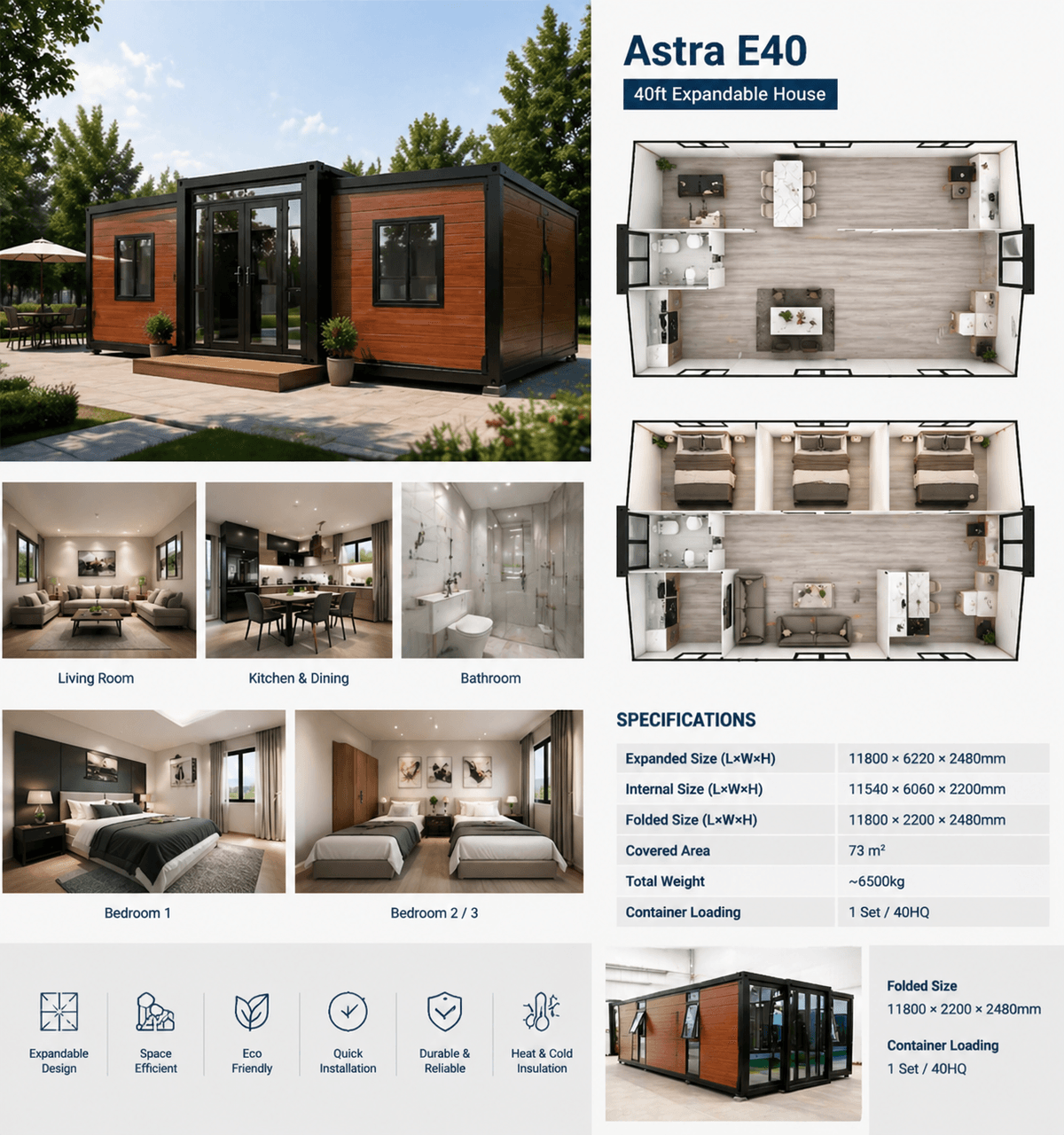 Modern modular container house presentation showing a 20ft expandable unit with interior photos, a top-down 3D layout, bathroom detail, exterior view, and a technical floor plan; layout includes a living room, dining area, kitchen, bathroom, and two bedrooms within a compact rectangular structure.