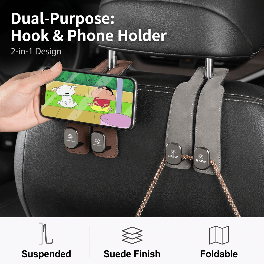 Universal Suede Car Hidden Dual Hook & Phone Holder — 2-in-1 Interior Storage