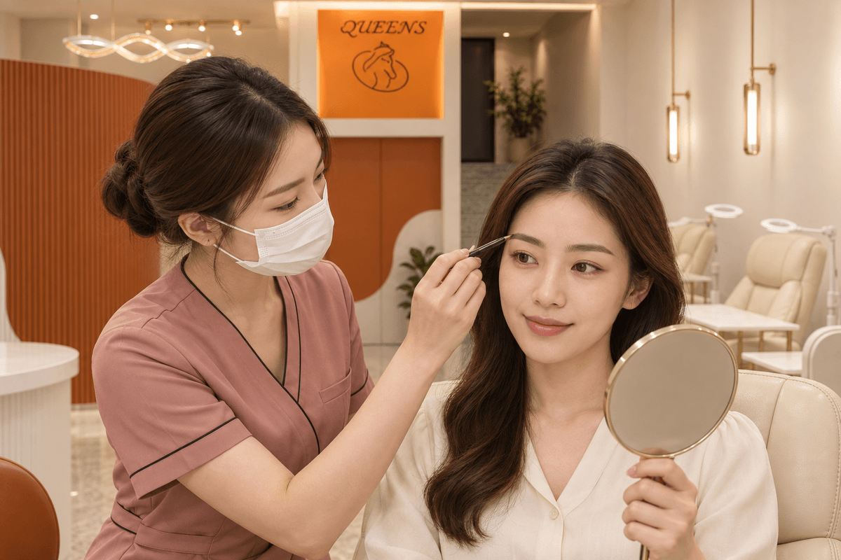 愛美女王眉型設計,服務老師以眉筆協助顧客確認眉型 愛美女王眉型設計,服務老師以眉筆協助顧客確認眉型