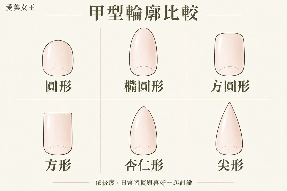 圓形、橢圓形、方圓形、方形、杏仁形與尖形的甲型輪廓比較 圓形、橢圓形、方圓形、方形、杏仁形與尖形的甲型輪廓比較
