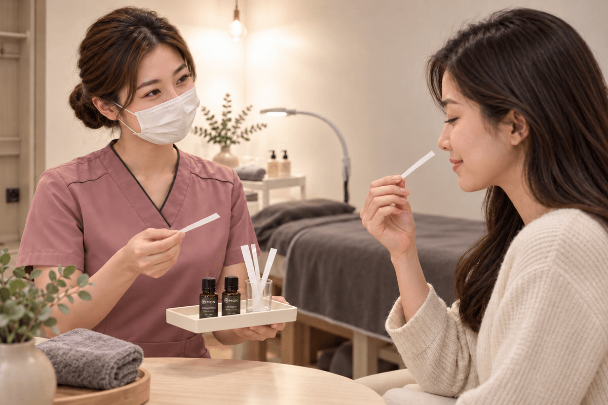 愛美女王芳療SPA香氣諮詢,服務老師讓顧客從調和後的精油氣味中選擇偏好 愛美女王芳療SPA香氣諮詢,服務老師讓顧客從調和後的精油氣味中選擇偏好