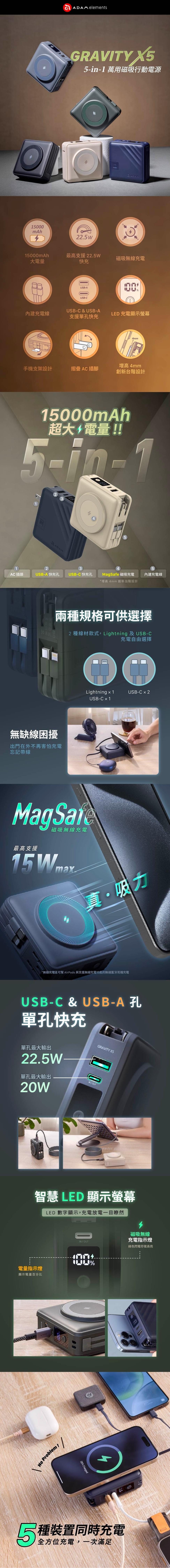 GRAVITY X5五合一萬用磁吸行動電源 (L+C)