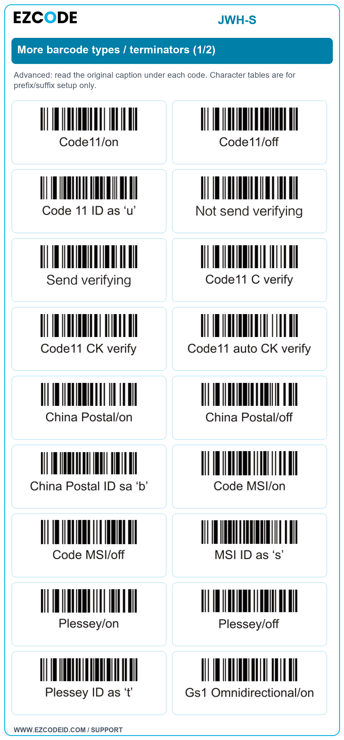 More barcode types / terminators (1/2): original manual caption