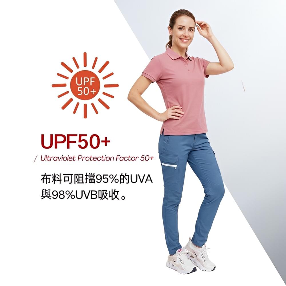 女款多口袋休閒褲防潑水超彈性輕薄快乾UPF50+防曬長褲(HPL001 湖藍/黑色)