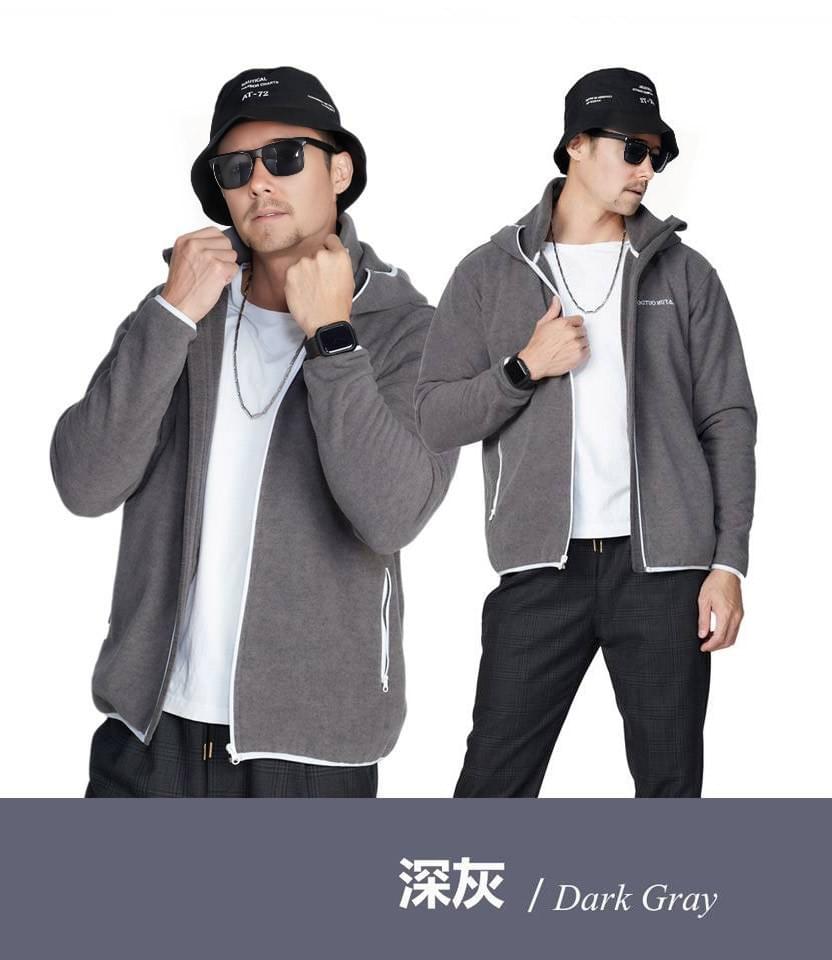 男加厚款極地蓄熱保暖天鵝絨厚刷連帽外套(DM2203 深藍/深灰)