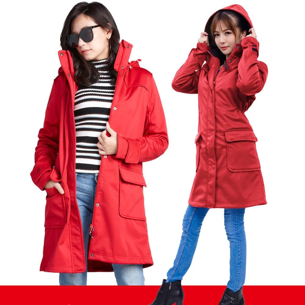女款國際頂級輕量顯瘦防風防水可拆帽長版外套 (HJL003 煙紅/米色)