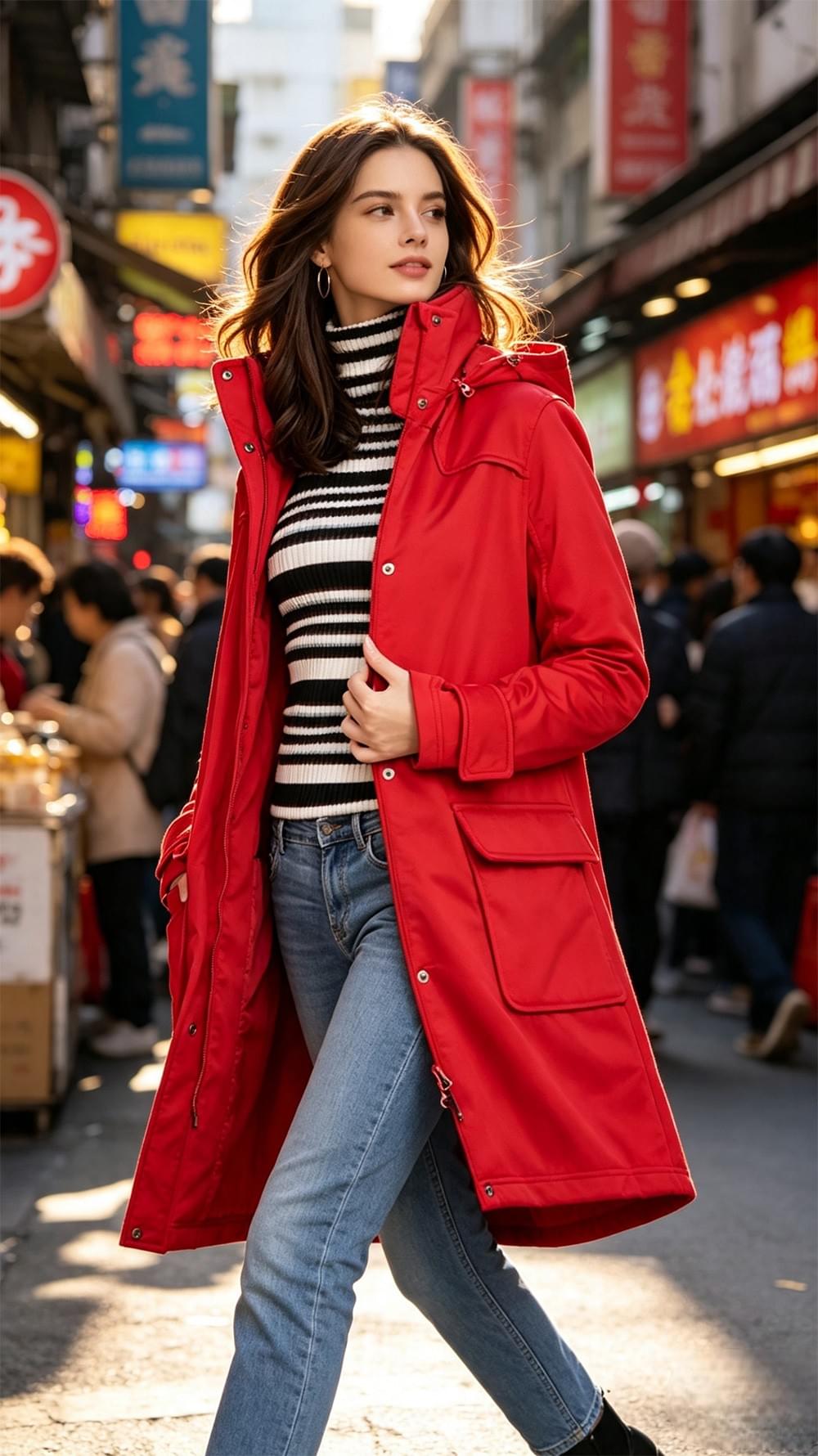 女款國際頂級輕量顯瘦防風防水可拆帽長版外套 (HJL003 煙紅)