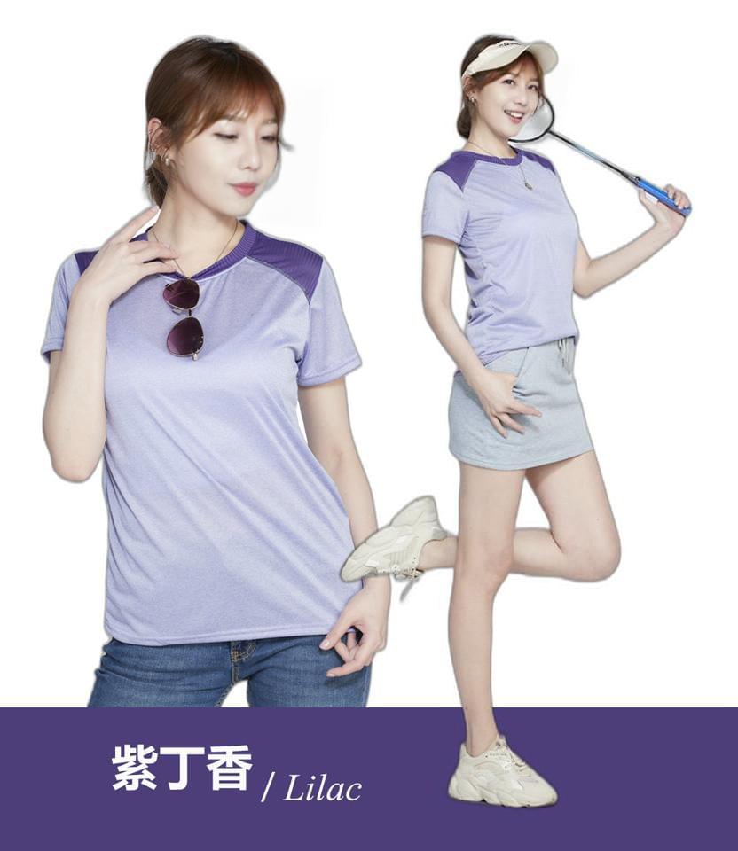 女款超涼感拼接圓領短袖上衣(DLT2401 黑桃/紫丁香/深朱紅/粉橘)