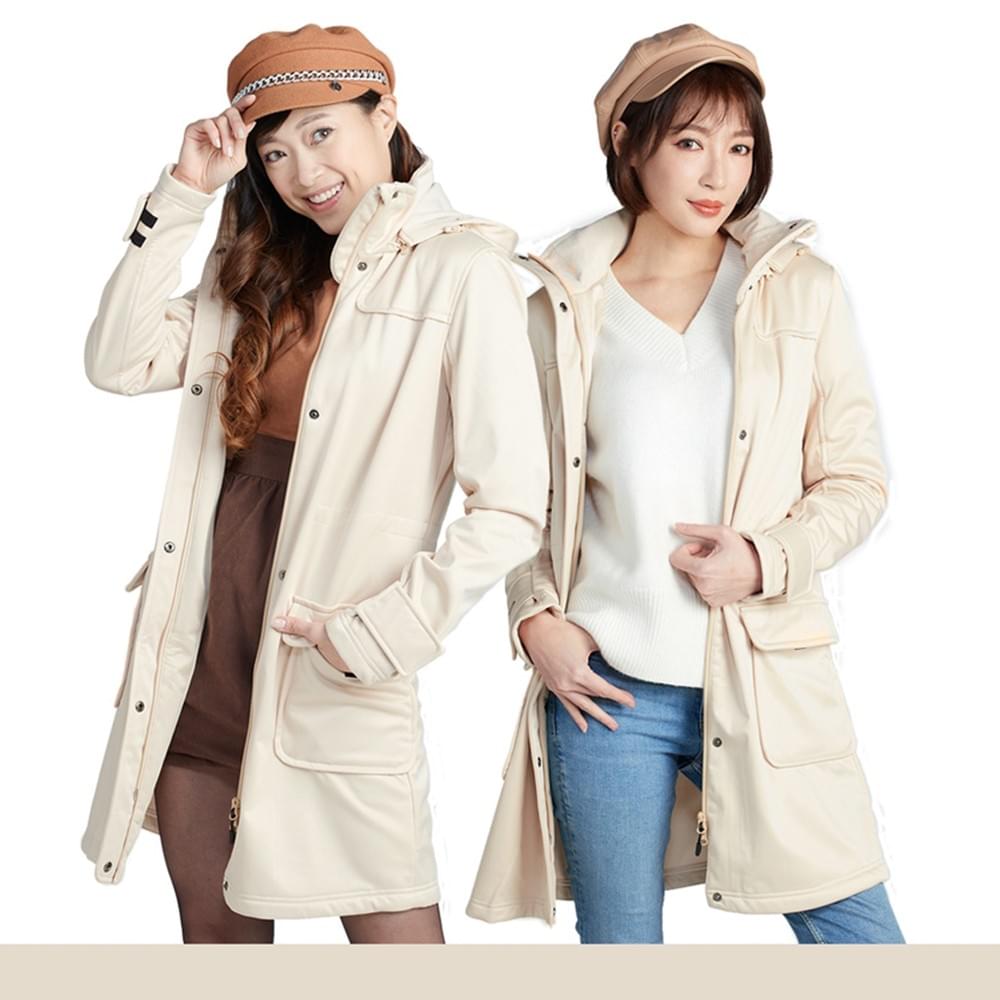 女款國際頂級輕量顯瘦防風防水可拆帽長版外套 (HJL003 煙紅/米色)