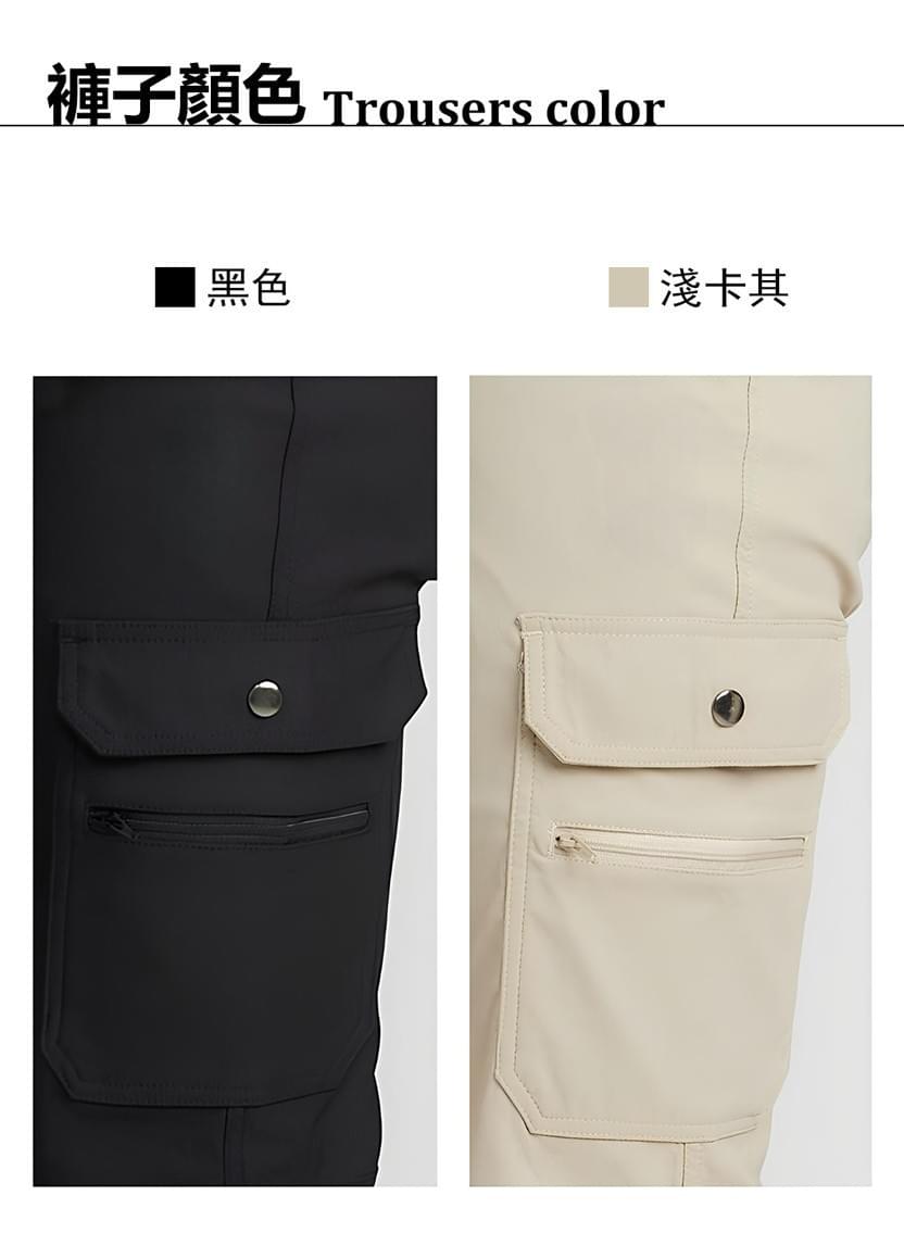 【戶外趣】男薄款雙鉚釘多拉鍊口袋防潑水彈性防曬長褲 (HPM017 黑色/淺卡其)