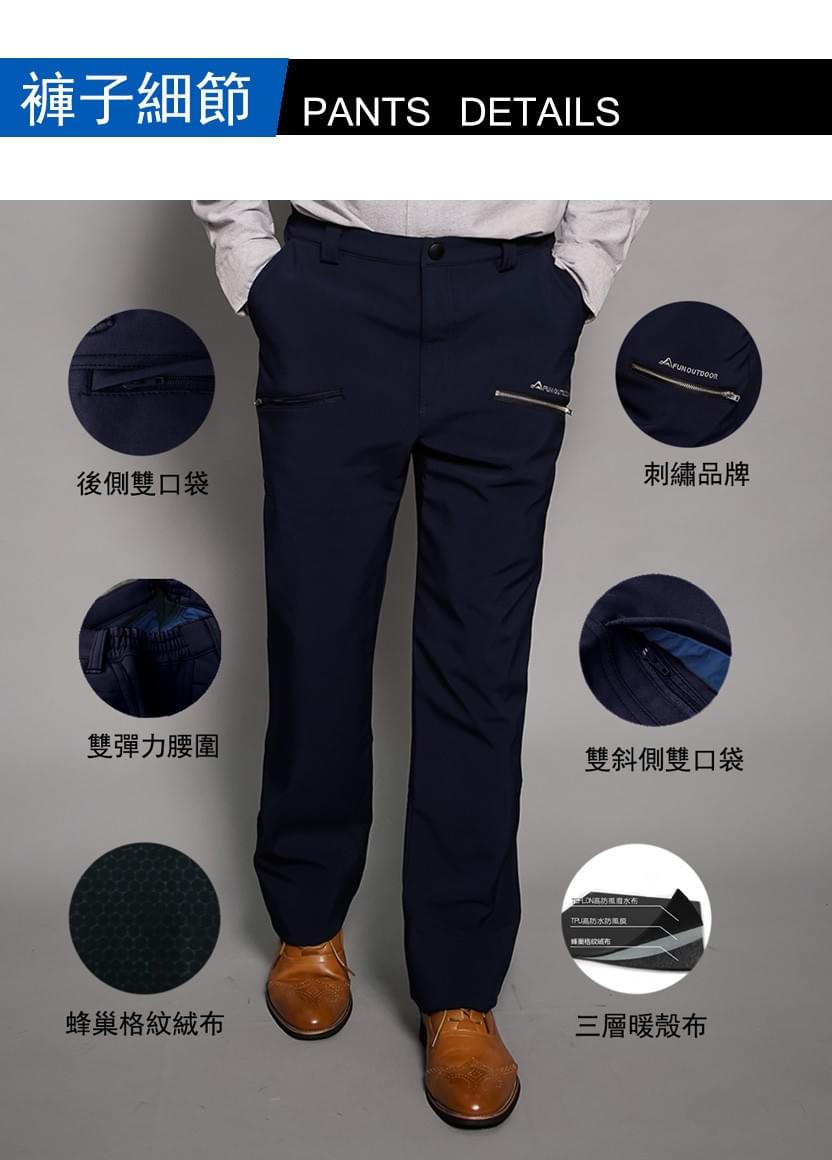 男款厚磅蜂巢格紋多口袋抓絨防風三層暖殼褲(HMP016 銀河灰/丈青)