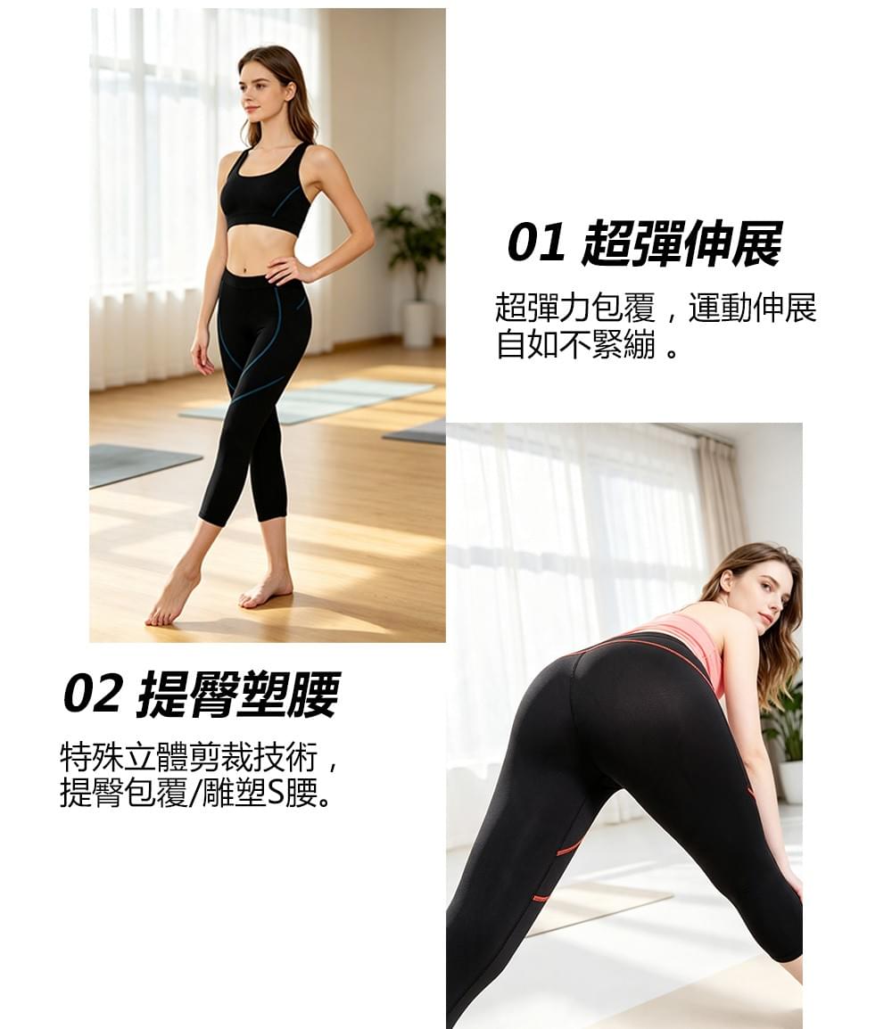女款壓塑線條曲線路跑褲瑜珈褲七分褲(2221 黑紅/黑藍)