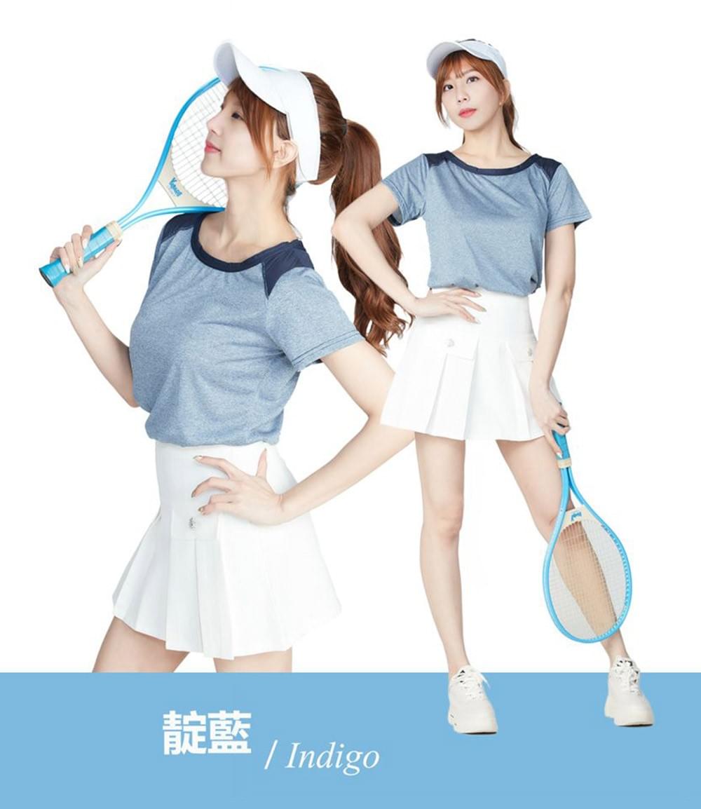 女款超輕彈萊卡舒適冰涼拼接圓領短袖上衣(DLT2242 果粉/暗紅/靛藍)